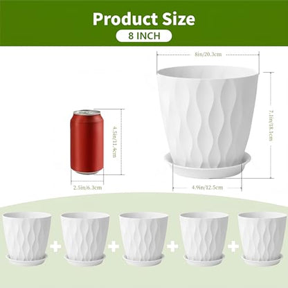 8 Inch Plant Pots Plastic Planters with Drainage Holes & Saucer, 6 Pack - color: White 8 Inch
