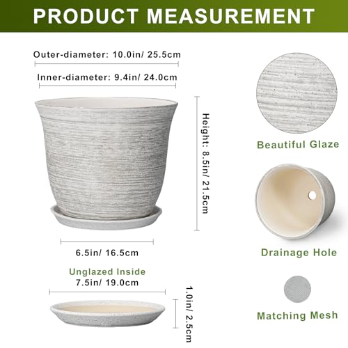 Ceramic Flower Pots, 10 Inch Plant Pot with Saucer, Grey - color: Grey-white, size: 10 Inch