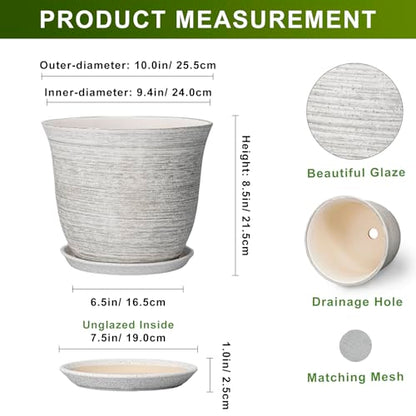 Ceramic Flower Pots, 10 Inch Plant Pot with Saucer, Grey - color: Grey-white, size: 10 Inch