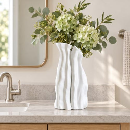 White Tall Ceramic Vase Set of 2, Sculptural Mountain Decor, Matte Finish - color: Cool White