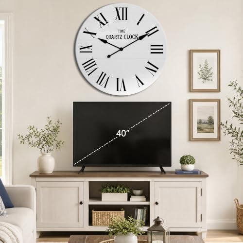 ARTPOWER 35.5" Extra Large Farmhouse Wall Clock,Solid Wood Veneer,White - color: White, size: 35.5"W x 35.5"H