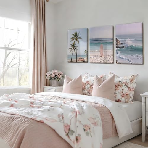 HCJWCXD 3 Pcs Coastal Beach Canvas Wall Art Boho Beach Scene 12x16 Inch - color: Pink car, size: 12x16 Inches