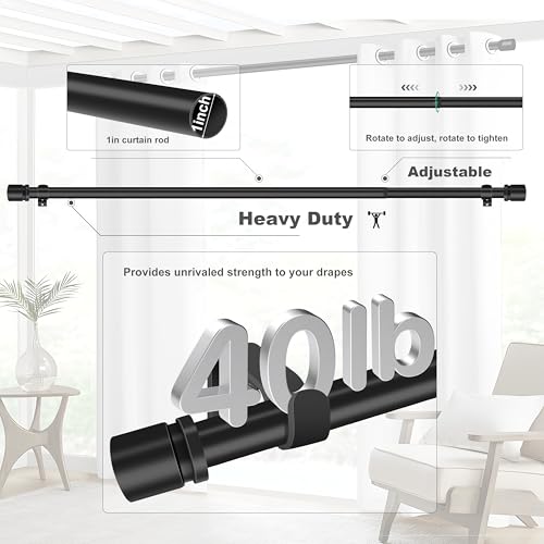 Ottsuls Curtain Rods for Windows, 32 to 90 or 101 Inches Max Adjustable Length, 1 Inch Diameter, Black Decorative Curtain Rod Set, Rustproof Heavy Duty Metal Pole with Brackets - size: 32" to 90"