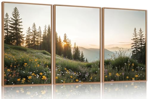 FWIEXA Mountain Canvas Wall Art Set, Framed Forest Nature Wall Decor, 3 Piece Landscape Paintings Artwork, 16x24 Inches Wildflower Pictures for Living Room, Bedroom, Office - color: Meadow Forest, size: 16"L x 24"W