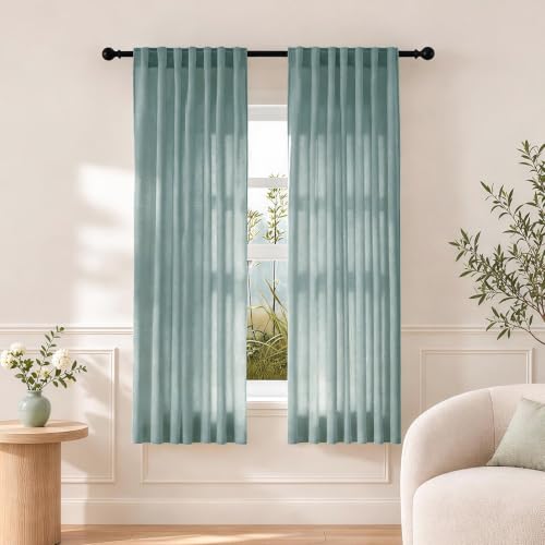 Sage Green Sheer Linen Curtains for Living Room Bedroom 54 Inches Long - color: Sage Green, size: 35"W x 54"L (Pack of 2)