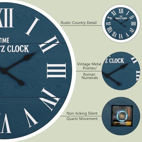 ARTPOWER 24" Extra Large Farmhouse Wall Clock,Solid Wood Veneer,Blue - color: Blue, size: 24"W x 24"H