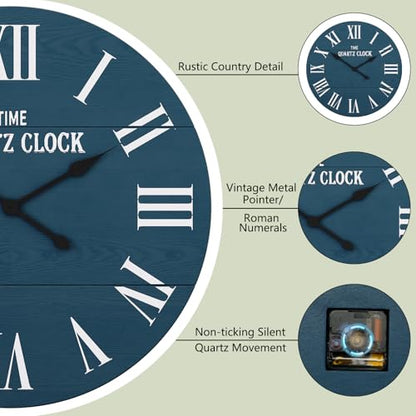 ARTPOWER 24" Extra Large Farmhouse Wall Clock,Solid Wood Veneer,Blue - color: Blue, size: 24"W x 24"H
