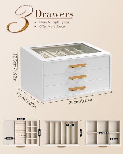 Homeanda Jewelry Boxes Organizer with Glass Lid, 3-Layer PU Leather, White - color: White, size: 3 Layer