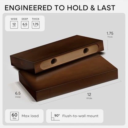 Homeforia 12 Inch Floating Shelves, High-End Solid Pine Wood, Set of 2 - color: American Walnut - Satin Dark Tone, size: 12 inch