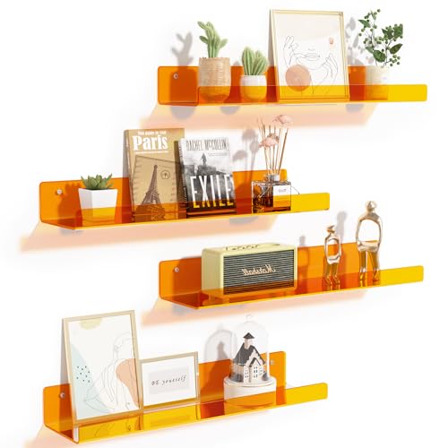 upsimples 4 Pcs 15" Acrylic Shelves for Wall Decor and Display, Orange - color: Orange