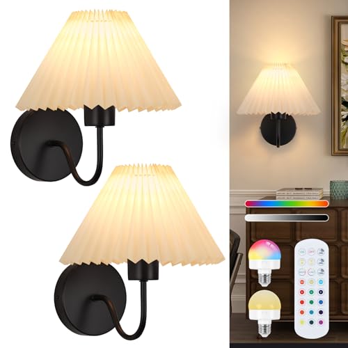 ADISUN Wall Sconces Sets of 2 RGB Battery Operated Wall Sconces for Bedroom Dresser Classic Black Wall Lamp with Remote for Living Room Bathroom Dining Room Corridor Staircase (2 Bulbs Included) - color: Black