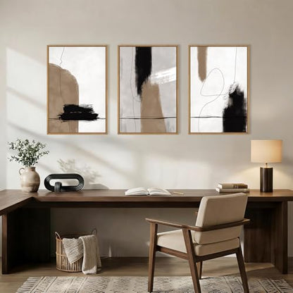 KAIRNE Abstract Neutral Black Brown Framed Canvas Wall Art Set-16"x24"x3 - color: Abstract Wall Art, size: 16"L x 24"W