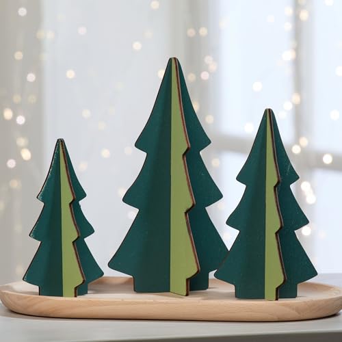Your Heart's Content Set of 3 Celadon Interlocking Wood Trees, Blue Green Color Combination, Sustainable Holiday Decor, Christmas Tree Figurines, Vintage Mantel (Set 3 Celadon) - color: Set 3 Celadon