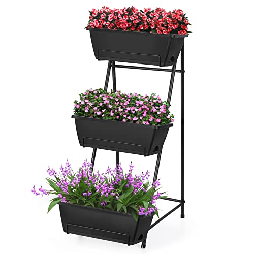 Vertical Raised Garden Bed 3 Tier Elevated Garden Planters Stand Up Garden Planter Box with Drainage Holes for Outdoor Indoor Plants Herbs Flowers Vegetables Black - color: Black