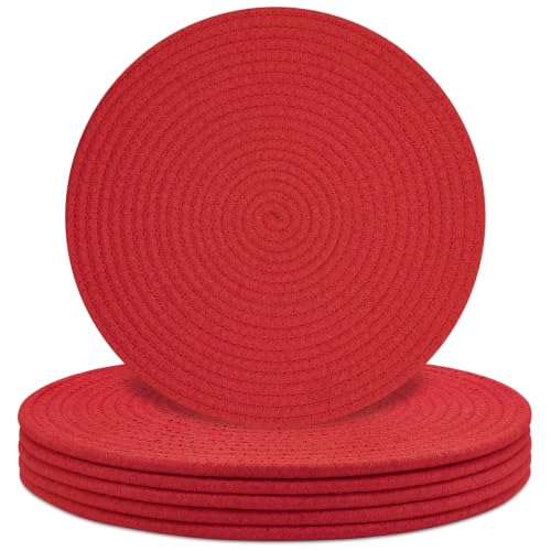 Round Placemats Set of 6, Cotton Rope Woven Table Mats, Hot Pads for Kitchen, Non Slip Heat Resistant Place Mats, 13 Inches Braided Placemat for Farmhouse Decor and Kitchen Table Decor (Red) - color: Red