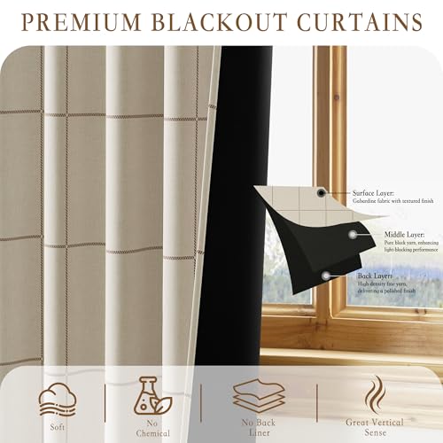 NICETOWN 100% Blackout Taupe Plaid Curtains for Bedroom, W52xL90, 2 Panels - color: Taupe, size: 52"W x 90"L (Pack of 2)