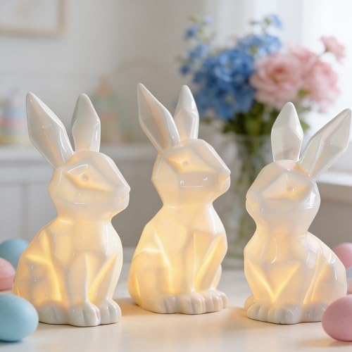 NEROSUN 3 Pack Easter Bunny Decorations, Ceramic White Rabbit Statues Ornaments, Lighted Bunny Table Centerpiece for Easter Party, Spring Home Decor and Shelf Display