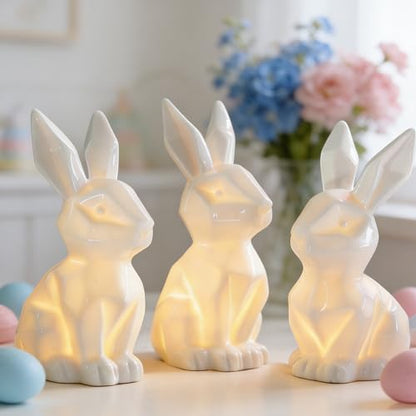 NEROSUN 3 Pack Easter Bunny Decorations, Ceramic White Rabbit Statues Ornaments, Lighted Bunny Table Centerpiece for Easter Party, Spring Home Decor and Shelf Display