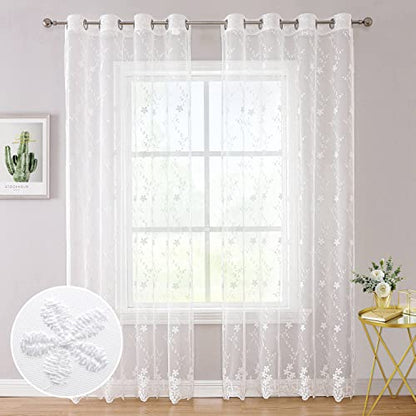 WUBODTI Luxury White Lace Curtains 63 Inches Long 2 Panels for Bedroom, Cute Vine Floral Embroidered Sheer Curtain Grommet White Elegant Tulle Curtain Drapes for Living Room, Kids Room Decor - size: 52"W x 63"L (Pack of 2)