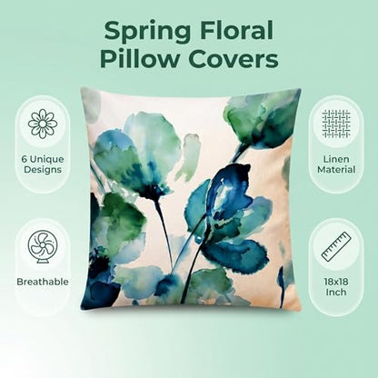 COMMINY Blue Green Linen Pillow Covers 18x18 Set 6 Floral Throw Cover - color: Blue Green Hydrangea Flower, size: 18" x 18" (Pack of 6)