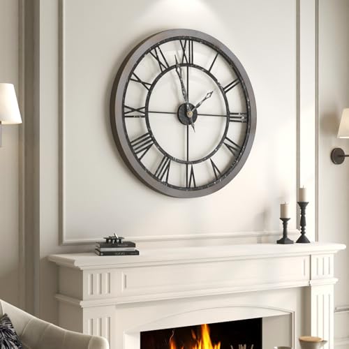 Cuspin 30 Inch Large Wall Clock Rustic Industrial Wood Frame Roman Numeral - color: Wood Industrial Roman, size: 30 Inch