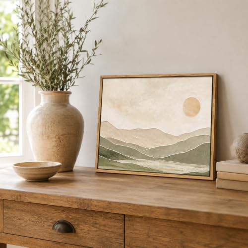 SPIGETO Framed Sage Green Abstract Landscape Mountain Sun Wall Art, 16x12 - color: SUN, size: 16"L x 12"W