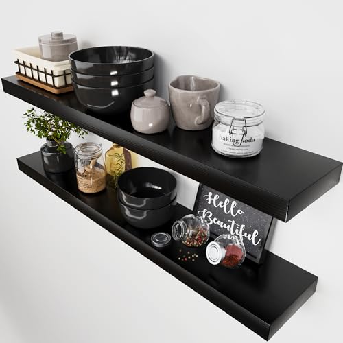 Solid Wood Floating Shelves for Wall 36 Inches Long, Black Wooden Shelf - color: Black, size: 36 Inch