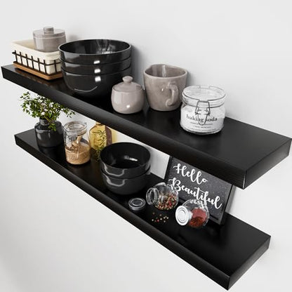 Solid Wood Floating Shelves for Wall 36 Inches Long, Black Wooden Shelf - color: Black, size: 36 Inch
