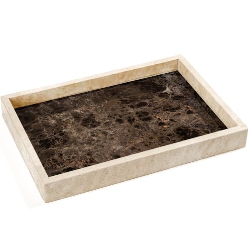 YMXYJM Real Natural Marble Tray for Bathroom, Genuine Marble Stone Vanity Tray, Luxury Storage Trays for Kitchen, Vanity, Home Decor, Dresser, Non-Resin/Non-Ceramic, 12"x 8"x 1.2", Beige & Brown - color: Beige & Brown, size: 12" x 8" x 1.2"