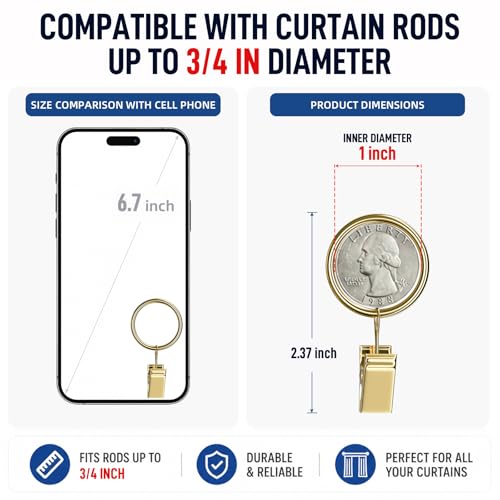 Lansian 44 Pack Curtain Rings with Clips Hooks 1 in Diameter Rustproof - color: Gold, size: 1"Inner Dia, 44Pack