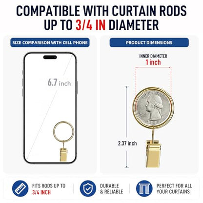 Lansian 44 Pack Curtain Rings with Clips Hooks 1 in Diameter Rustproof - color: Gold, size: 1"Inner Dia, 44Pack