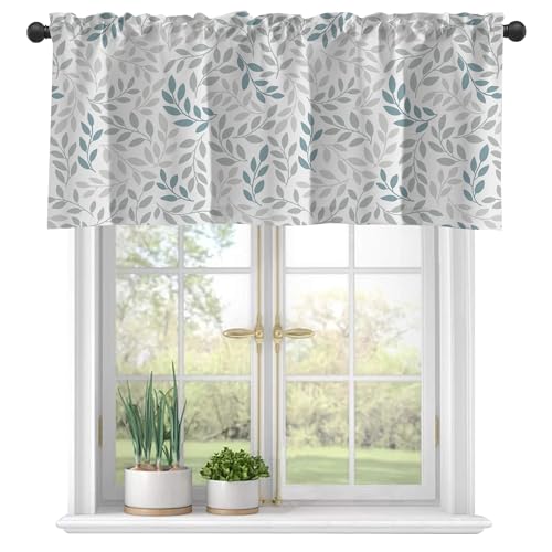 Gray Blue Branches Leaves Semi Sheer Window Valances - Light Filtering Decor for Kitchen, Living Room, Bedroom - 42"x18" - color: Watercolor Leaves, size: 18"W x 42"L (Pack of 1)