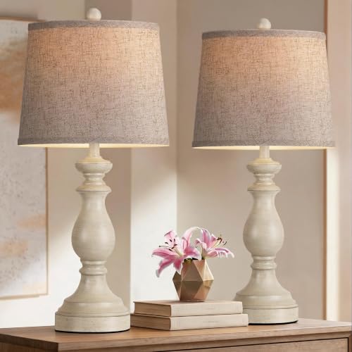 PARTPHONER Traditional Table Lamp Set of 2, Rustic Farmhouse Table Lamps for Living Room Bedroom, 27" Bedside Desk Lamps Vintage Nightstand Lamps with Linen Shades, Antique White - color: Antique White, size: 27 Inch