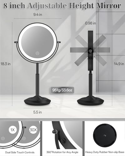 8" Lighted Makeup Mirror with Light,30X Magnifying Height Adjustable Mirror - color: Black