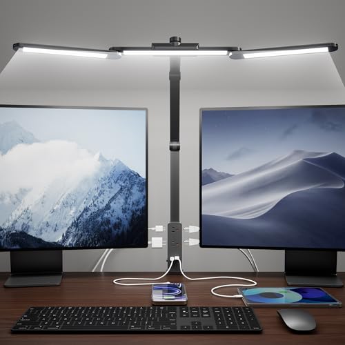 SUPERDANNY LED Desk Lamp with Power Strip (6 Outlets, 1 USB, 1 Type-C) for Home Office, Desk Light Computer Light with Clamp, Architect Desk Lamp with Smooth Dimming 5 Colors Touch & Wave Control - color: Black, size: With Power Strip