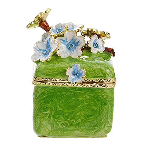 Hand Painted Trinket Box for Home Decor, Hinged Enameled Jewelry Box for Ring Earrings Jewelry Organizer, Unique Vintage Bejeweled Storage Figurine Collectible Keepsake (Flower-Green)