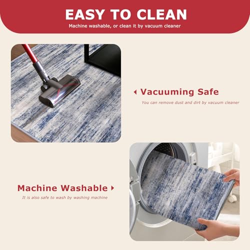 KOZYFLY Modern Abstract Hallway Runner, 2x12 Washable Rug Runner Non-Slip Soft Striped Kitchen Runner Rug, Grey Blue Print Carpet for Entryway Bathroom Laundry Room Foyer - color: Blue-grey, size: 2' x 12' (Runner)