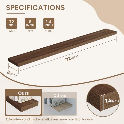 Dreamland 72 Inches Wall Mounted Wood Floating Shelves, Walnut, 2 Pack - color: Walnut, size: 72in