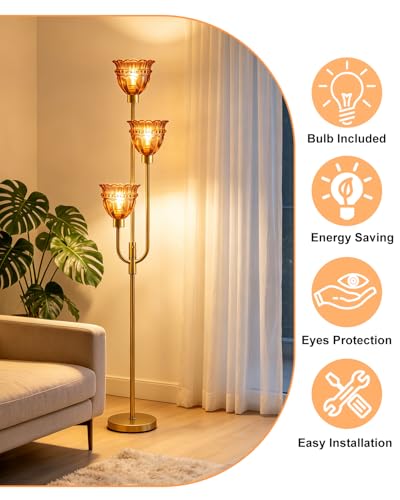 Red Glass Floor Lamp 66IN 3-Light Modern Gold Dimmable Tree Floor Lamps - color: Deep Red Lace-Gold