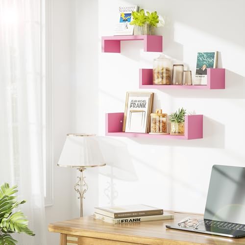 SRIWATANA Pink Floating Shelves, Set of 3 Solid Wood Wall Mounted Shelves - color: Pink