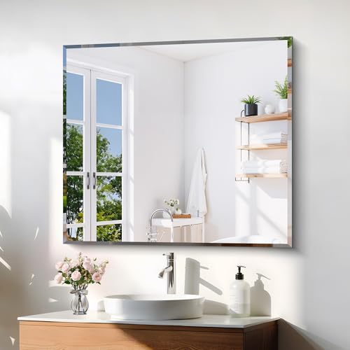 KOCUUY Beveled Mirror, 40x36 Inch Large Frameless Bathroom Mirror for Over Sink, Upgraded Shatterproof Beveled Unframed Design Mirror for Bathroom, Bedroom, Hang Horizontal/Vertical - color: Beveled, size: 36"L x 40"W