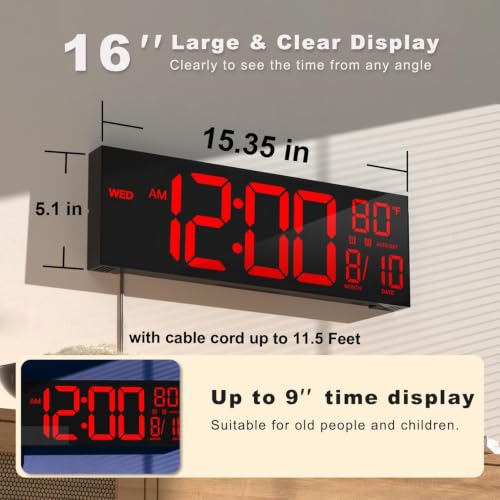 JALL 16" Large Digital Wall Mount Clock, Count Down Timer, Alarm, Big LED, DST, Temperature for Living Room Classroom Desk, Xmas, Birthday Gift for Senior Men Women Mom Dad, Red - color: Red, size: 16 inches