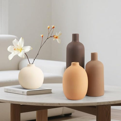 Ceramic Neutral Vase Set of 4 for Farmhouse Home Decor, Rustic Decorative Vases for Boho Living Room Centerpieces, Entryway Decorations, Coffee Table, Bookshelf, Fireplace Mantel