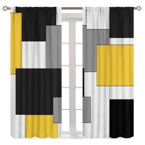 Yellow Black Grey Curtains, Abstract Square Geometric Pattern Texture Window Treatments for Kitchen Bedroom Living Room 2 Panel Sets,42x45 Inch Decor - color: Geometric-12, size: 21"W x 44.5"L (Pack of 2)