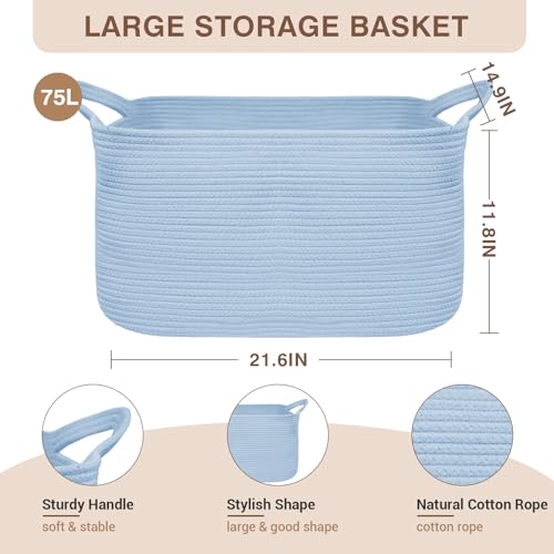 YOUDENOVA Large Blanket Basket, Rectangle Cotton Rope Storage Baske - color: Light Blue