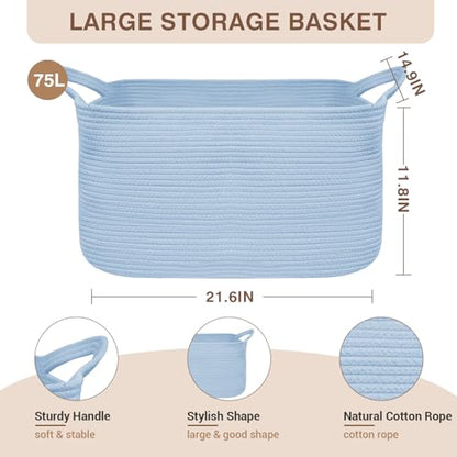 YOUDENOVA Large Blanket Basket, Rectangle Cotton Rope Storage Baske - color: Light Blue
