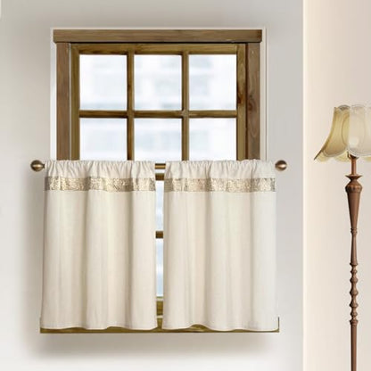 Oindec Cotton Linen Kitchen Curtains 24 inches - size: 27"W x 24"L (Pack of 2)