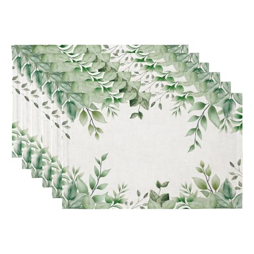 QIYI Boho Table Placemats Set of 6, 12"x18" Linen Place Mats, Green Leaves - color: Green Leaves Border, size: Set of 6