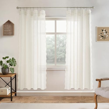 DriftAway Semi Sheer Scalloped Edge Linen Coastal Beach Window Curtains for Living Room Bedroom 2 Panels Rod Pocket Each Size 52 Inch by 72 Inch Taupe - color: Linen Taupe, size: 52"W x 72"L (Pack of 2)