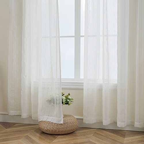 Demetex Semi Sheer Curtains Panel White Striped Lace Window Curtains for Living Room Nursery, Set of 2, 54 x 63 inch Length - color: Striped White, size: 54"W x 63"L (Pack of 2)